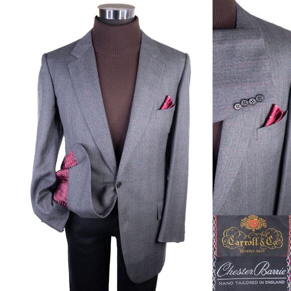 CARROLL & CO Chester Barrie Suit Jacket Sport Coat Check Gray Wool Sz 46L/R EUC - Picture 1 of 16